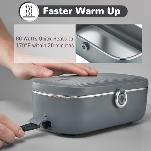 Caperci Electric Lunch Box Food Heater, 30 oz Portable Food Warmer - 110V Faster Leakproof Heated Lunch Boxes for Adults with Stainless Steel Container for Travel, Office, Home (Gray)