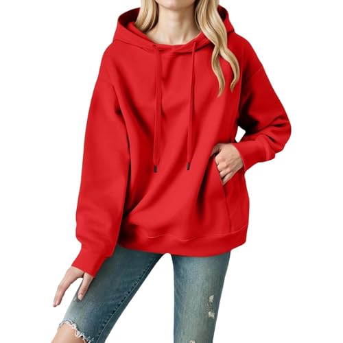 Sudadera informal de color liso para mujer, suéter suave y cómodo para el día a día, ajuste holgado, acogedora sudadera con capucha con forro polar para mujer sexy, rojo, M