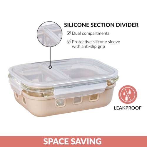 Image of Nestasia Glass Lunch Box with Silicone Sleeve (600ml) - Borosilicate Glass Lunch Box with 2 Compartments for Office | Microwave & Freezer Safe, Leak-Proof Tiffin Box with Clip Locks (Beige)