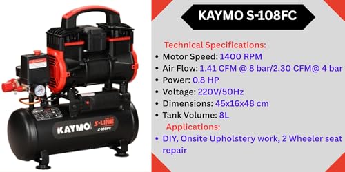 Image of KAYMO S-108 FC Air Compressor | 0.8 HP, 8L Oil-Free | Low Noise, 1400 RPM Copper Motor | Portable & Compact for Pneumatic Tools, Upholstery, & DIY Applications