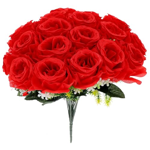 DOITOOL Bouquet di Fiori Artificiali per Cimitero 18 Teste Composizione Floreale Finta Rossa in Seta Fiori Commemorativi Resistenti per Uso Interno ed Esterno Decorazione Elegante per