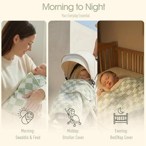 Image of 6-Layer Muslin Baby Blanket Made with Organic Cotton - Classic Neutral Checkered, Swaddle & Crib Quilt, 43 inchx43 inch, Warm Sage Green Checkered