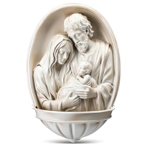 Fumete Holy Family Water Font Wall Hanging Religious Decor Renaissance Style Catholic Holy Water Holder Resin Durable Religious Gift for Home Church Baptism Gift Decoration White