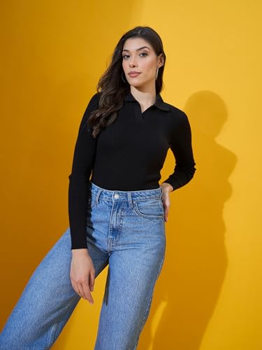 Image of 98 Degree North Women Spread Collar Sweater-G1577-BLACK