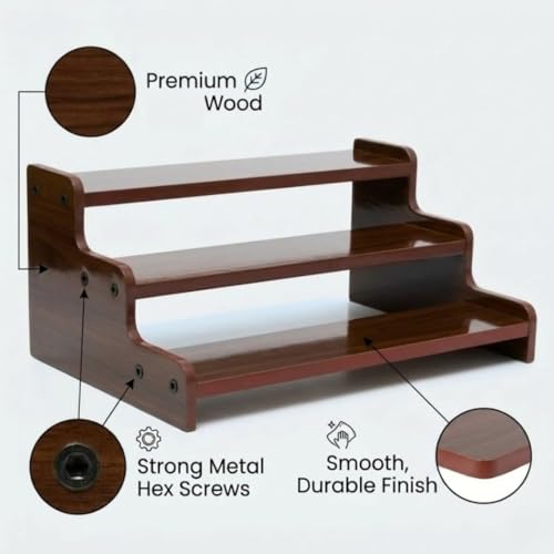 Image of SAFAK 3 Tier Wooden Kitchen Organizer Rack for Countertop | Wooden Spice Rack Stand for Kitchen Counter | Kitchen Shelf Organizer & Cabinet Shelf Riser | Decorative Masala Rack Storage Stand | Dark