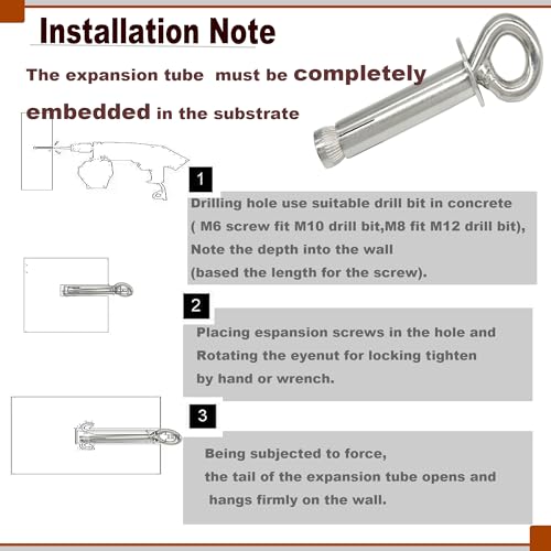 Image of M10 Stainless Expansion Eyebolt 4 inch(100mm) Long Threaded Screw Ring Lifting Shoulder Hook with Nut Washer Locking as Anchor Point for Cement Block Wall 330LB~550LB,6 Pcs M10X100mm