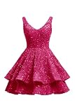 Sevintage Plus Size Homecoming Dresses 2025 Sequin Short Sparkly V-Neck Tiered Cocktail Gown Graduation Party Mini Formal HOCO Hot Pink US18W