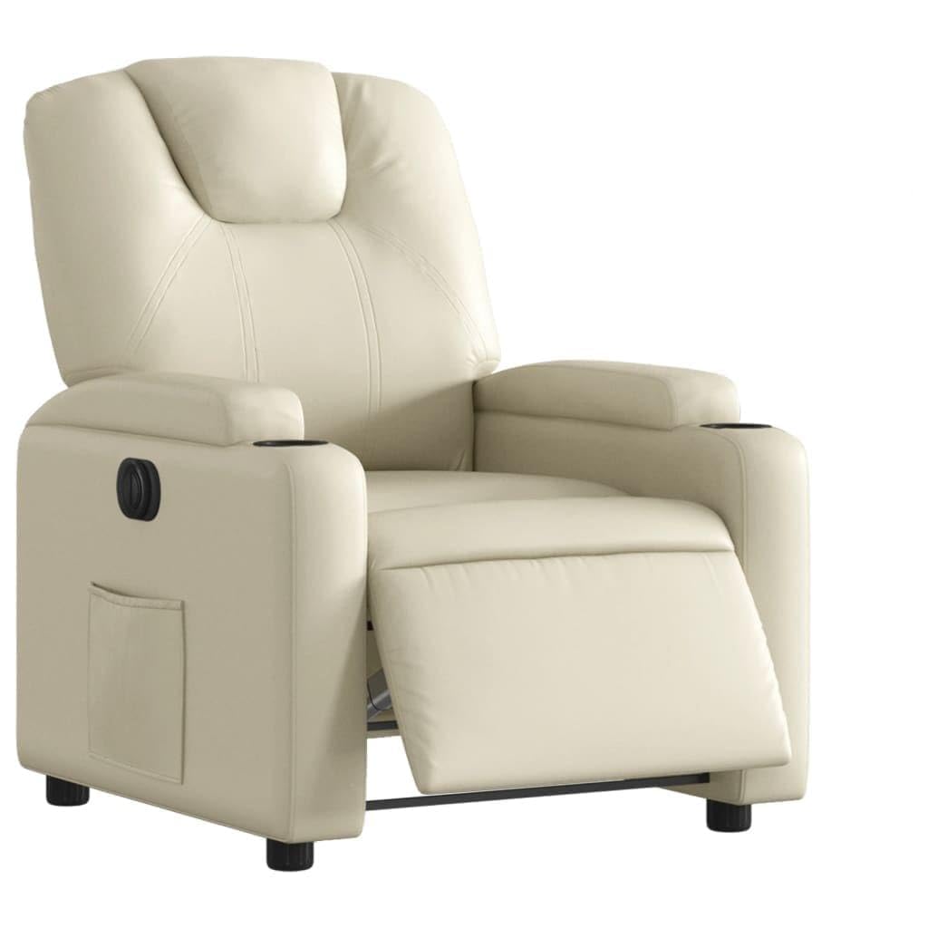 Sillón de relax eléctrico de piel sintética con función reclinable, 135 grados, soporte para bebidas y bolsillo lateral, marco de madera y metal, soporta hasta 110 kg, color crema