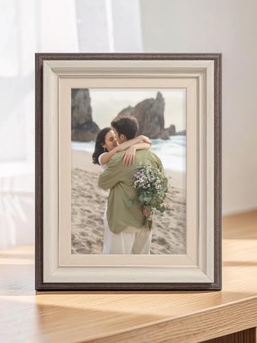 Image of GOLDEN PEACOCK Vintage Style 5x7 Inch Picture Frame | Rustic Brown & Ivory PVC Frame with Glass | Wall Hanging & Tabletop | Indoor Display