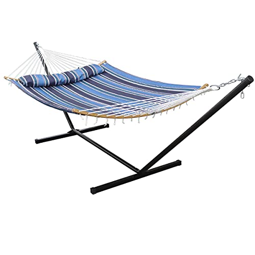HENG FENG 2 Person Double Hammock with 12 Foot Portable Steel Stand and Curved Bamboo Spreader Bars, Detachable Pillow, Quilted Fabric Bed, Blue Stripe