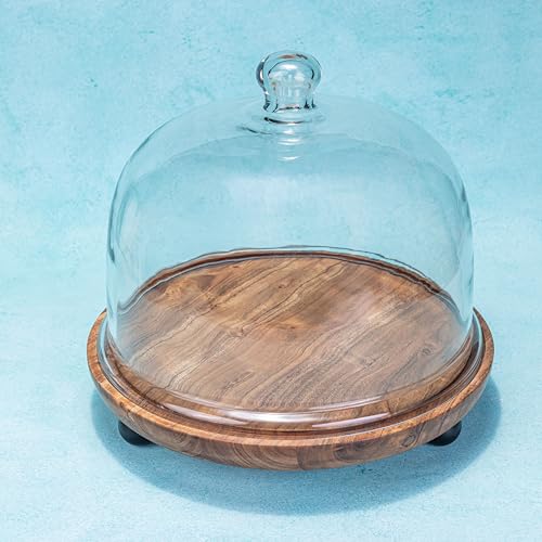 Image of Parstry Pod Acacia Wood cake Stand with Glass Dome | Wooden Cake Plate | Dessert Cupcake Pastry Display Stand | Round Cake Holder Serving Stand