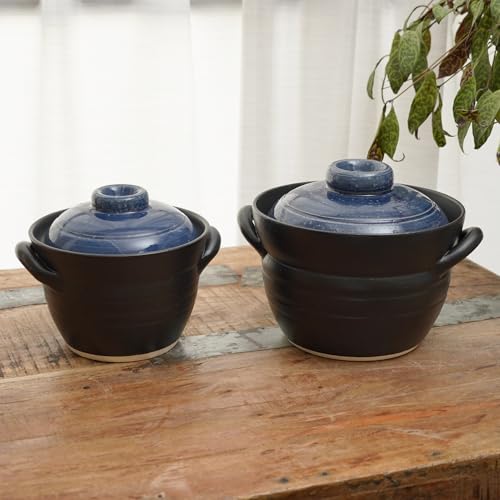 Banko-ware-Donabe-Japanese-Earthenware-Rice-Pot-with-Double-Lid-Technology--Elegant-Jet-Black-Blue-Design--Ensures-Fluffy-Rice-Every-Time--Includes-English-Manual--Made-in-Japan-1-2-per