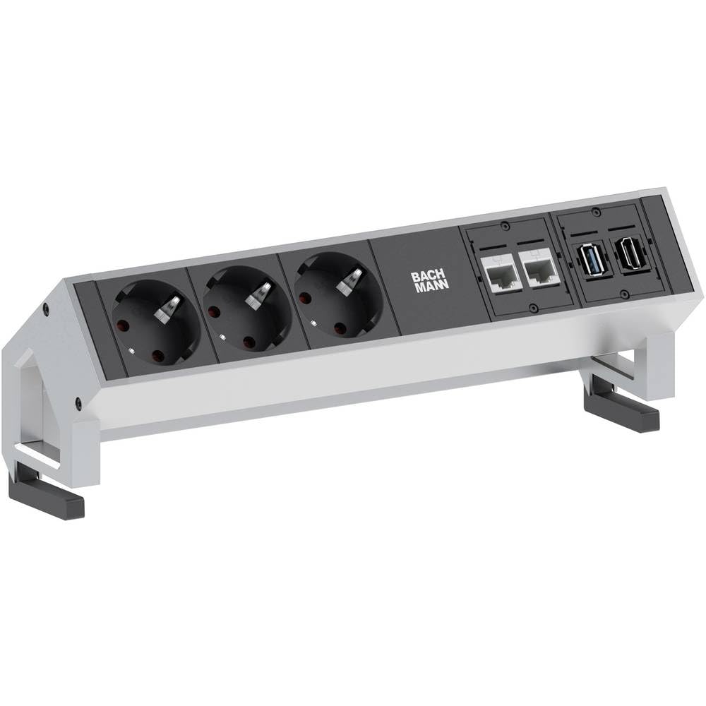 Bachmann Desk 2 Tischsteckdose, 3-Fach mit 2X CAT6, 1x USB 3.0 und 1x HDMI, Mehrfachsteckdose für Büro und Konferrenzraum mit hochwertigem Aluminium 902.502