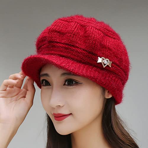 Boina feminina de tricô elástica quente, Vermelho, P