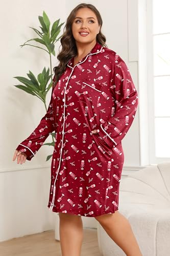 Image of Vozanet Women Button Down Nightgown Plus Size Nursing Nightshirt Long Sleeve Nighty Bridal Dress with Pockets XL-5XL