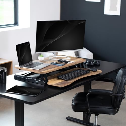 Image of VIVO 32 inch Desk Converter, K Series, Height Adjustable Sit to Stand Riser, Dual Monitor and Laptop Workstation with Wide Keyboard Tray, Reclaimed Wood Top, Black Frame, DESK-V000KP