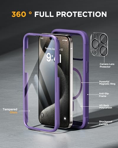 Image of Miracase Magnetic for iPhone 15 Pro Case [Compatible with MagSafe] Full-Body Bumper Phone case with Built-in Glass Screen Protector& Camera Protector, Military Drop Proof 15 Pro Cover, Magnetic Purple