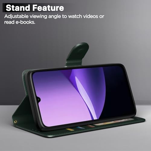 Image of Pikkme Flip Cover for Redmi 15C 5G Leather Finish | Inside TPU with Card Pockets | Wallet Stand and Shock Proof | Complete Protection Flip Case (Green)