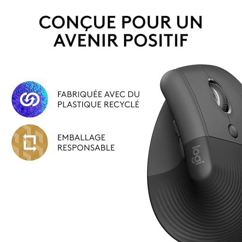 Logitech Lift Souris Ergonomique Verticale, sans Fil, Bluetooth ou récepteur USB Logi Bolt, Silencieuse, 4 Boutons, Compatible avec Windows/macOS/iPadOS, Ordinateur Portable, PC - Graphite