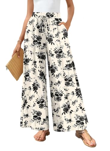 Bestbee Plus Size Wide-Leg Palazzo Pants (Black Floral Beige)