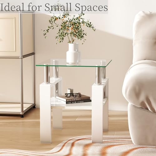 Image of Meihua Glass End Table, Square Glass Side Table, 2-Tier Modern Nightstand with Metal Legs for Living Room&Bedroom (Transparent+White, Set of 2)