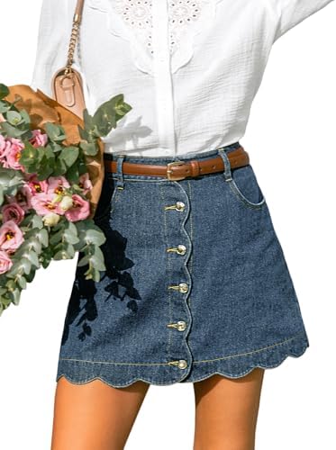 CUPSHE Women’s Denim Mini Skirt Button Front A-Line Scalloped Jeans | High Rise Jean Skirt With Pockets, Retro Chic Style, Cute Summer Clothes, Casual Daily Wear, Beach Vacation, Party Outfits