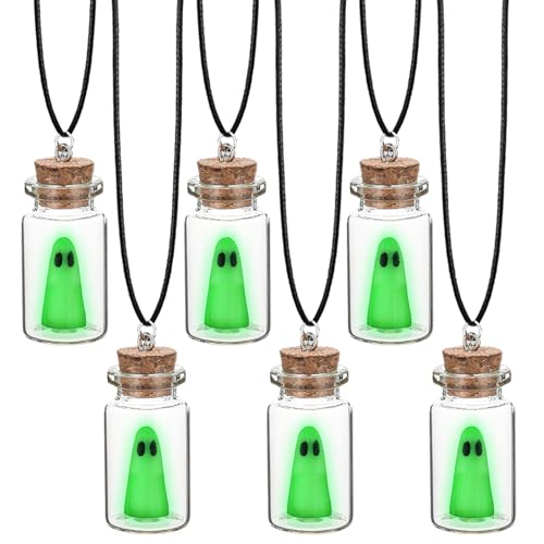 Kigeli 6 Pcs Halloween Necklace Ghost in a Bottle Pendant the Adopt a Ghost Glow in Dark Necklace Gift for Women Men