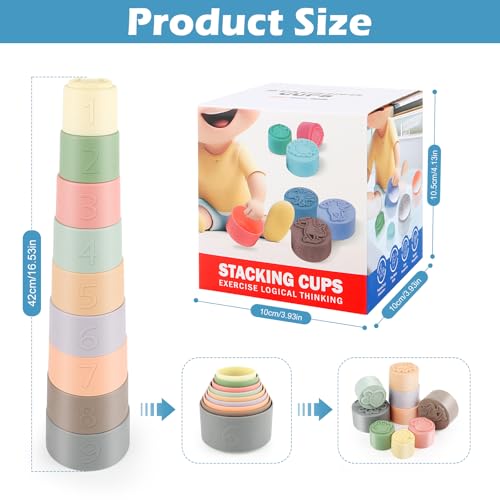 9 Stück Stapelbecher Baby Spielzeug für 3-6 Monate, Sensorik Stapelturm Lernspielzeug mit Zahlen und Farbe, Badespielzeug & Sandspielzeug Geschenk für 7 8 9 10 11 12 Monate 1 Jahr Jungen & Mädchen