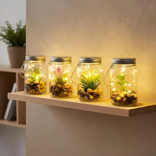 levandeo 4er Set Sukkulenten Im Glas B x H: 8 x 13 cm Deckel LED Warmweiß Henkel Deko Tischdeko Lampe Kunstpflanze Hängelampe