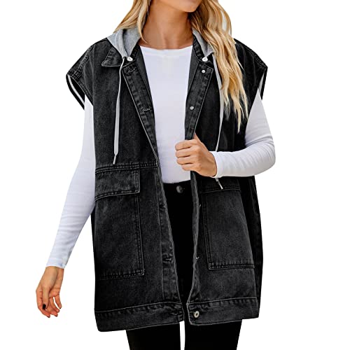 Generisch Blusa suelta de moda para mujer, abrigo de cintura de mezclilla, chaleco sin mangas, botón con abrigo extraíble, chaqueta de invierno para niñas adolescentes, Negro , XL