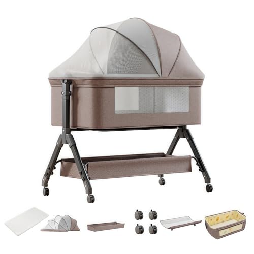 Dziranam Cuna 3 en 1,Cuna de colecho,Crib Mecedora,Ajuste de Altura e inclinación del colchón,4 Ruedas con Freno,Mosquitera(Gris)