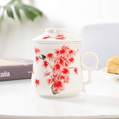 TEANAGOO M01-4 Ceramic Tea-Mug with Filter/Steeper and Lid, 13.7OZ, Red Leaves, Portable Ornament infuser,Infused Tea-Cup, Brewing Filter, Steeper Men Mom, TEANAGOO Maker
