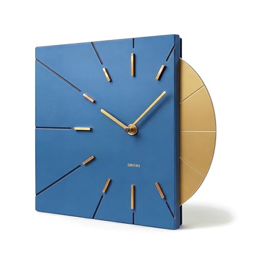 Image of Driini Blue and Gold Mid Century Modern Wall Clock, Battery Operated | Square MCM face with a minimalist midcentury look. Contemporary decorative analog design for kitchen, office or living room