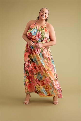 Image of London Times Women's London Times Mesh Halter Maxi Dress with Ruched Waistband Flowy Bohemian Beach Dresses