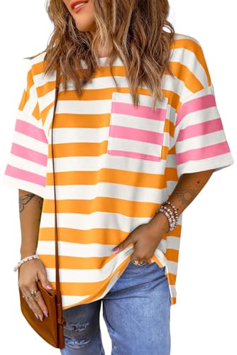 Womens Oversized Color Block Striped Tshirts Summer Casual Short Sleeve Tops Loose Fit Crew Neck Shirts Orange