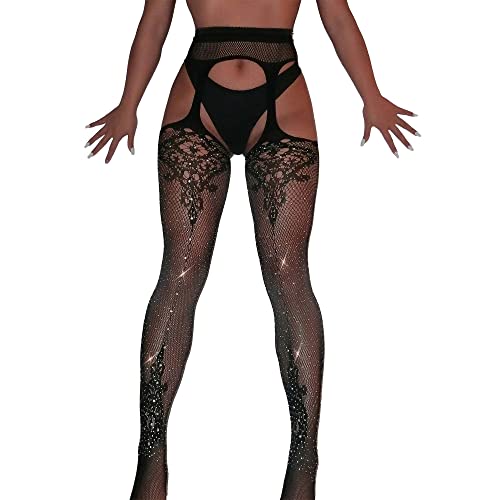 Verterosie Medias con diamantes de imitación brillantes para mujer, liguero, medias con purpurina para mujer sexy, cintura alta Cover