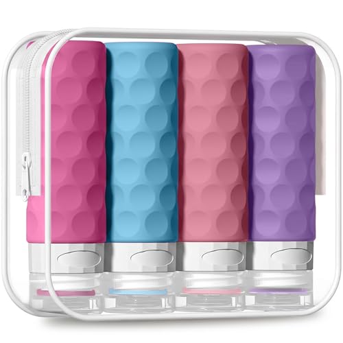 Image of Silevoler Travel Bottles for Toiletries, 4pcs Tsa Approved 3oz Travel Size Containers, BPA Free Leak Proof Premium Silicone Bottles, Refillable Liquid Squeezable Accessories W /Toiletry Bag (Vibrant)
