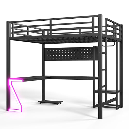 Image of Bellemave Full Size Metal Loft Bed with L-Shaped Desk, Z-Shaped LED Lights & Charging Station, Heavy Duty Loft Bed Frame with Hanging Rod for Kids, Teens & Adults, Space Saving,Black