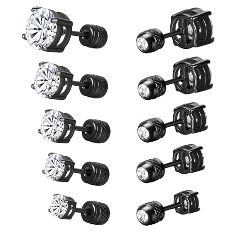 5 Pairs Square Screw Back Stud Earrings Set, Cubic Zirconia Stud Earring for Women Men Hypoallergenic 316L Surgical Stainless Steel Round Cut CZ 3-7mm