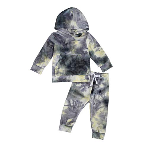 Toddler Baby Girl Boy Fall Clothes Tie-Dye Hoodie Long Sleeve Sweatshirt Tops Long Pants Set Velour Sweatsuit Outfits (Grey, 2-3Years) #TOP6