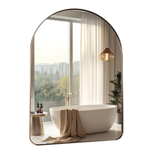 Image of Brushed Champagne Bronze Arched Bathroom Mirror 22x30 Inch | Stainless Steel Metal Frame, HD Glass, Bathroom Vanity Mirror for Over Sink, Modern Design Wall Mounted, MDF Backboard