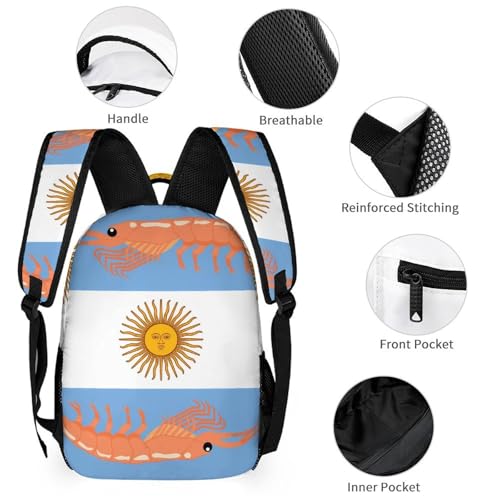Argentine Red Shrimp Argentina Flag 3 Pcs Backpacks Set Combination 16“ Travel Backpack Portable Lunch Bag Pencil Case for Unisex3