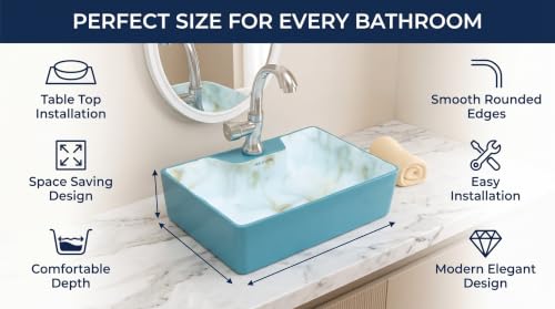 Image of SEA SHORE Ceramic Countertop Wash Basin, White Designer Table Top Bathroom Sink, Modern Over Counter Vanity Basin for Home, Hotel & Washroom, 16 x 12 x 5.5 Inch
