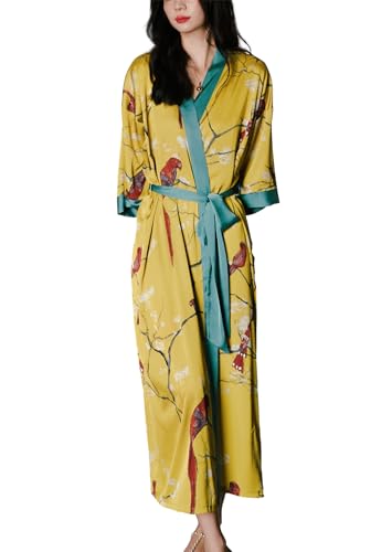 Silk Satin Robe for Women Long Japanese Kimono Robe Lightweight Soft Bathrobe Summer Luxury Dressing Gown