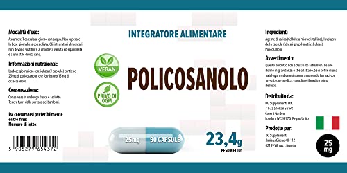 Policosanol 25mg 90 Vegane Kapseln, Laborgeprüft, Nicht GVO, keine Füllstoffe oder Zusatzstoff