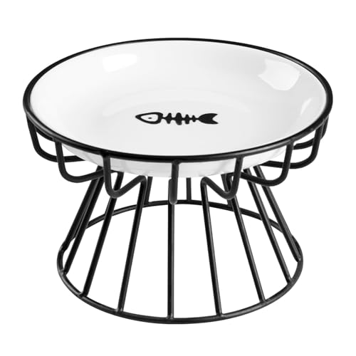 Image of Elevated Cat Plate Set - Whisker Friendly Anti-Vomit Shallow Ceramic Raised Cat Plates with Metal Stand, Anti-Slip Feeding Station Cat Bowls for Indoor Whisker Friendly