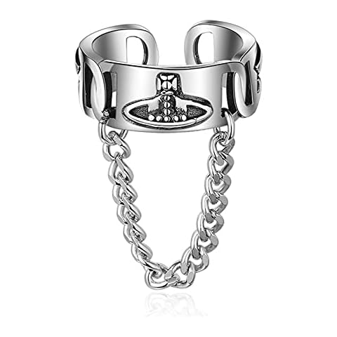 Beccalame Saturn Chain Sterling Silver Adjustable Ring Y2K Edgy Rings Fashion Handmade Jewelry Gift For Women Men Tassel Dangling Chain Ring Cover