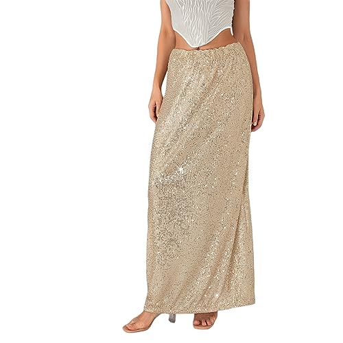 Women’s Sequin Maxi Skirt Elastic Low Waist Sparkle Split Hem Night Out Party Party Bling Maxi Skirt