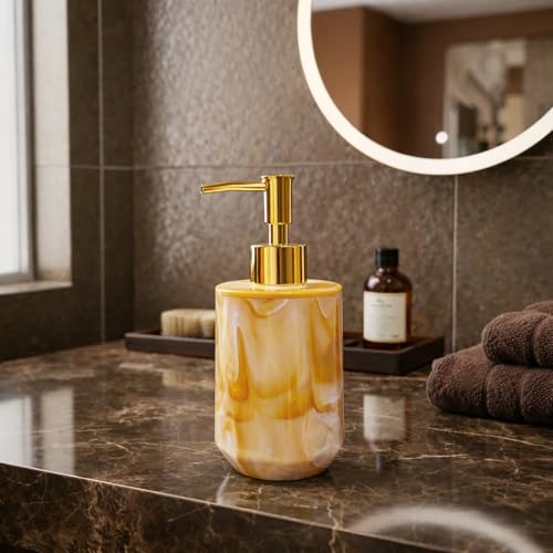 Image of Luxe Home International Marble Pattern Plastic Soap Dispenser for Bathroom and Kitchen Sink Leak Proof Liquid Hand Wash Round Bottle Lightweight Smooth Finish (17x8 cm Yellow) Pack of 1