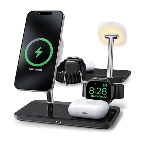 Wireless Charging Station for iPhone 16/15/14/13/12 Series, 4 in 1 Mag-Safe Charging Stand for Multiple Apple Watch Series 9-1/Ultra/SE&Airpods 4/3/2/Pro, Magnetic Wireless Charger with Night-Lamp